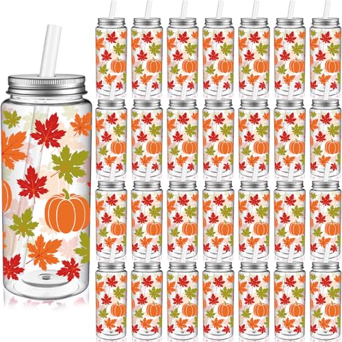 Dingion 24 Pcs Fall Cups with Lids and Straws Plastic 13.5 oz