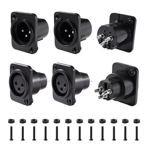6 Pieces 3-Pin XLR Panel Mounting Audio Adapter Connector, XLR Male Female Chassis Panel Mount Sockets D Series, with Screw, Black Plastic Housing Male / female - black plastic