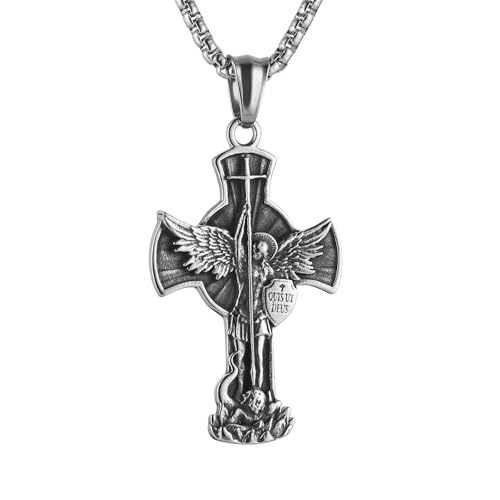 HZMAN St. Michael Archangel Cross Necklace for Men Stainless Steel Retro Angel Exorcism Protect Amulet Pendant saint michael-2