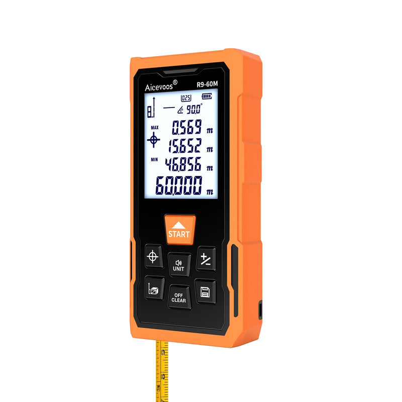 R9 Laser Measure 60m/196ft with Large Backlit Screen and Cross Laser, Digital Laser Measurement Tool with Electronic Angle Measures Distance, Area and Volume