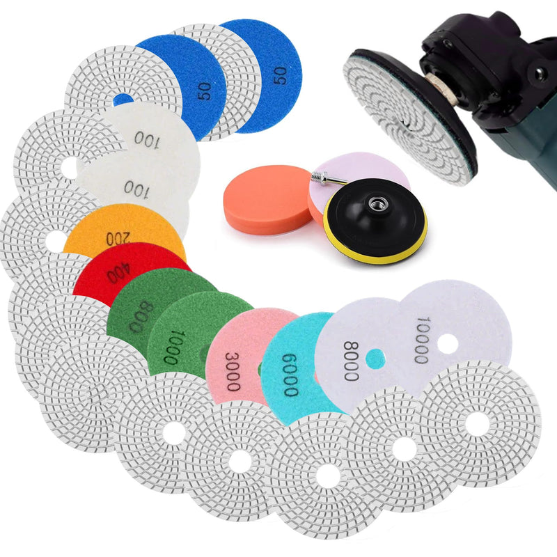 Sanding Disc Polishing Set 125 mm Dry Polishing Discs Pack of 16 | Marble Polishing Kit with M14 Rubber 50#-10000# Backing Pad Sandpaper for Concrete Granite Stone Marble 16pcs-125mm
