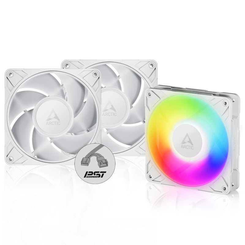 ARCTIC P12 Pro A-RGB (Pack of 3) - Powerful 120 mm Premium PC Fan | Case Fan, PWM Case Fan, Y Cable Splitter, 600-3000rpm, 0rpm <5% PWM, 5V Digital RGB, Hydrodynamic Plain Bearing, 4-Pin P12 Pro PST A-RGB (3 pieces) in white