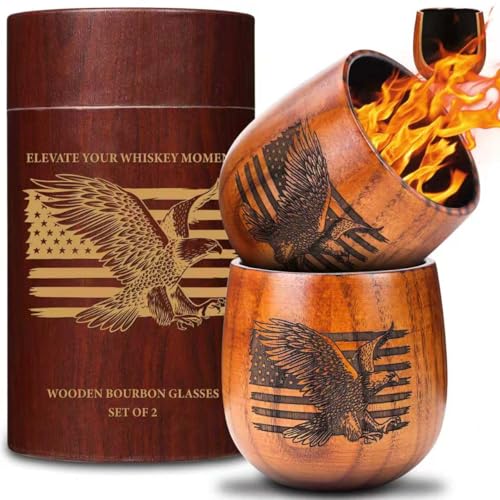 Original Charred Wooden Bourbon Drinking Glass, 11oz Handcrafted Engraved Wood Glass for Men | Unique Unbreakable Whiskey Glass for Dad, Brother, Husband Engrave-2 Pack
