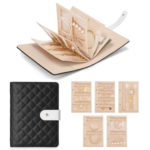WOOMADA Travel Jewelry Organizer Case, Foldable Velvet Jewelry Storage Book with Clear Zipper Pouch and Built-in Mirror for Rings, Necklaces, Earrings, Bracelets（black） Black (with mirrori)