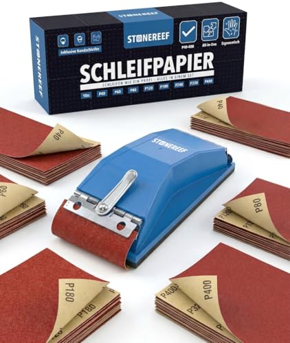 Sandpaper Set 81 Pieces 93 x 230 mm P40-P400 Hand Sander Wood Metal | 80 sheets in 8 grits from P40 to P400 plus hand sander - from coarse removal to fine grinding in one set