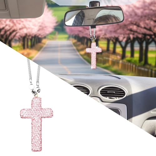 Bling Car Rear View Mirror Accessories Hanging Pendant,Cross Crystal Rhinestone For Car Mirror Hanging,Double-Sided Cross Diamond Religious,Interior Men Women Car Accessories Pink
