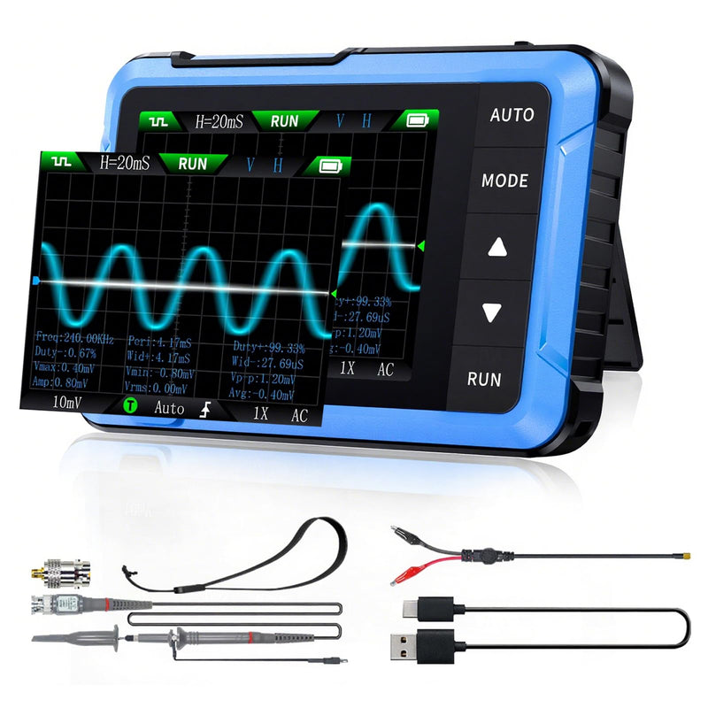 Pocket Oscilloscope 2in1, Upgrade Oscilloscope Signal Generator 10MHz Bandwidth, 48MS/s Sampling Rate, 13 Waveform, Data Transfer & Images Saving, Auto/Nomal/Single Trigger Function blue