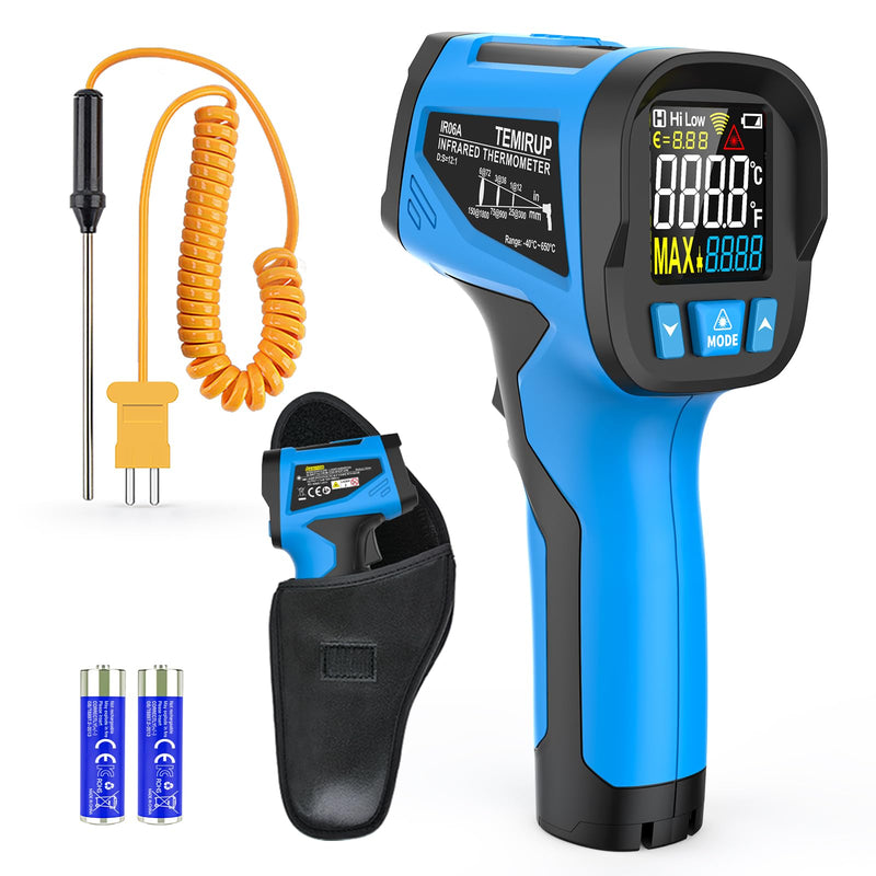 [Australia - AusPower] - Infrared Thermometer Temperature Gun - TEMIRUP Non-Contact Digital Laser Thermometer Temp Gun with Thermocouple Probe for Industrial, Cooking, Griddle, Engine, HVAC, Adjustable Emissivity,-40℉~1202℉ 