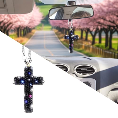 Bling Car Rear View Mirror Accessories Hanging Pendant,Cross Crystal Rhinestone For Car Mirror Hanging,Double-Sided Cross Diamond Religious,Interior Men Women Car Accessories Black
