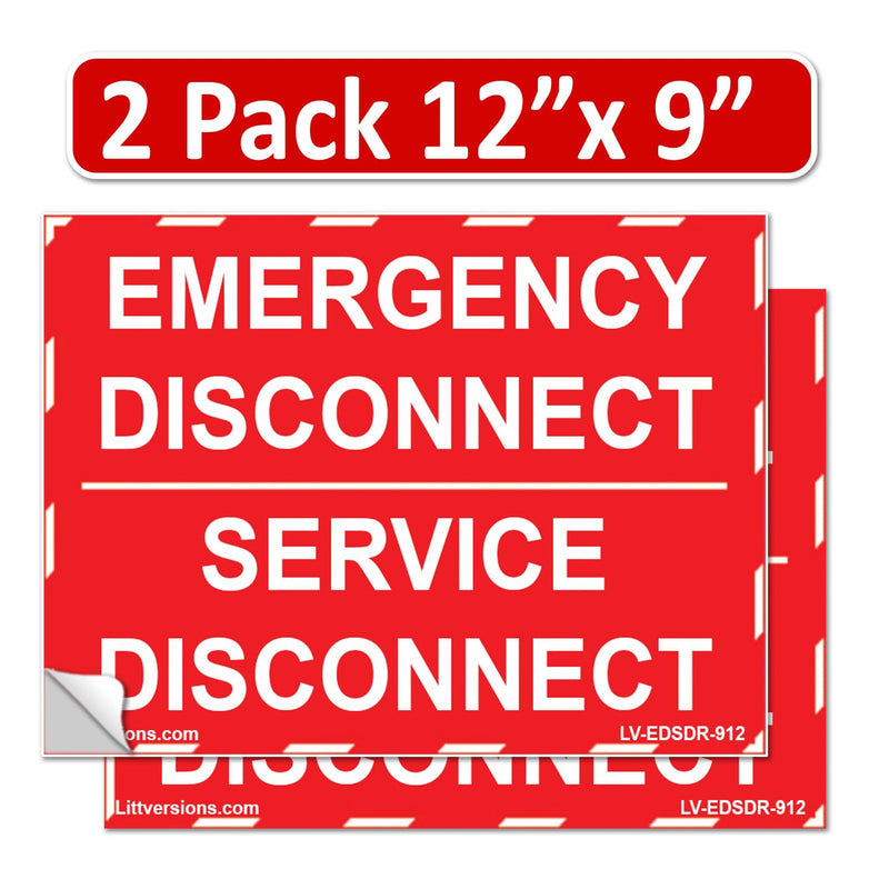 2 Pack 12"x 9" NEC compliant Emergency Disconnect Service Outdoor Rated Laminated Labels Decal Sign Notice Danger Sticker Electrical Panel Waterproof (White on Red) White on Red