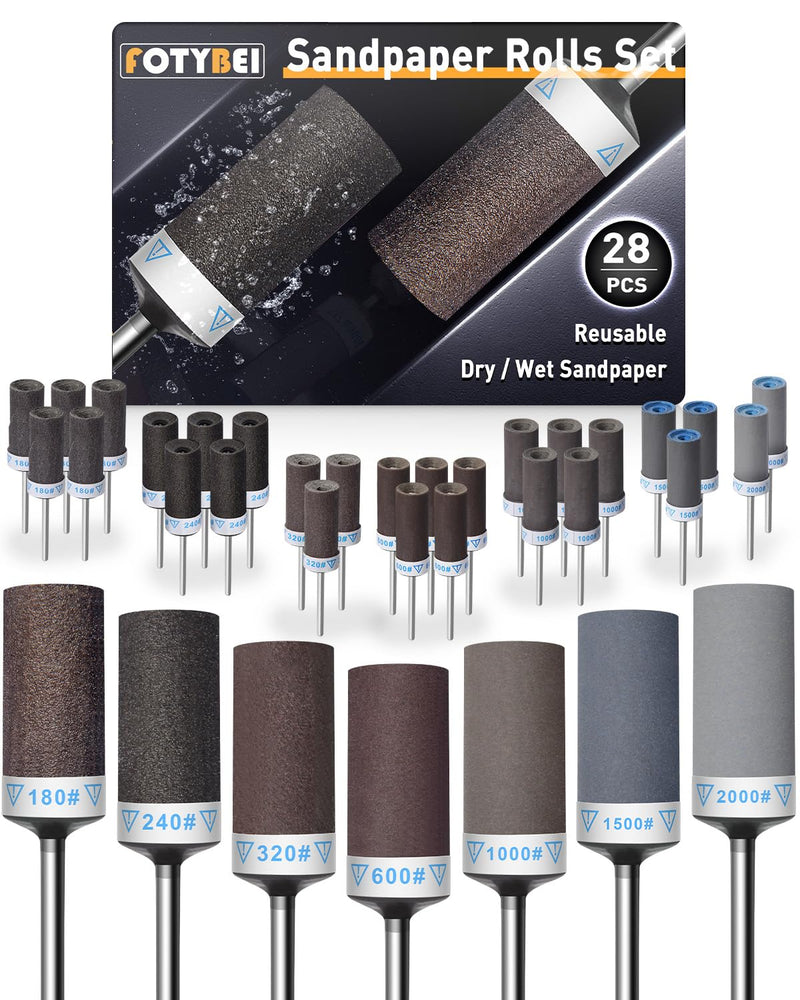 Sanding Sleeves Set for Dremel Rotary Tool Sanding Attachments, 180/240/320/600/1000/1500/2000 Grit Sanding Rollers, Accessory Set with 3 mm Shaft for Metal Stone and Wood Grinding 28 pieces mix