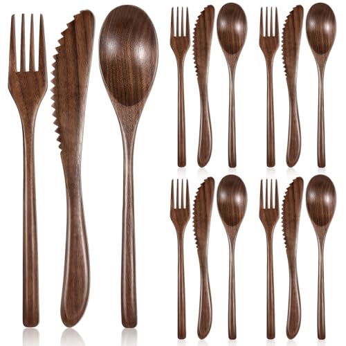 Set of 12 wooden serving utensils including spoons, forks, and knives made from walnut wood by Geiserailie.