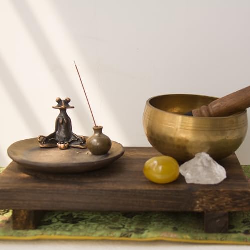 Frog-Vase Incense Holder,Rust-Glazed Rotus Ceramic Insence Stick Holder,Alloy Meditation Frog＆Mini Vase Ornament for Yoga/Meditation/Zen/Mindfulness (Small) round