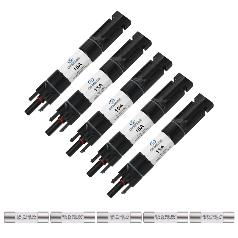 OYMSAE Solar Fuse Holder Inline Male & Female Connector 15 Amp PV Fuse for Solar Panel, Waterproof, Black,5PCS 15A-5PACK