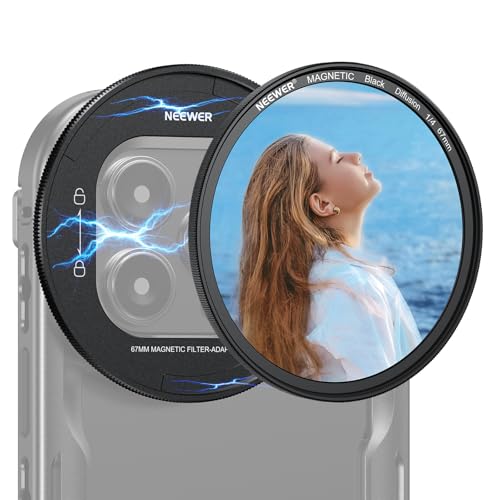 NEEWER 67mm Magnetic Multicoated HD Black Diffusion 1/4 Filter for Mist Cinematic Effect + Magnetic Filter Backplate Adapter, Compatible with iPhone 16 Pro/16 Pro Max Phone Cage (PA073/PA074) Magnetic Black Diffusion 1/4