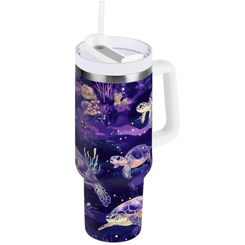 ALAZA Purple Turtle Nautical Ocean Coastal 40 oz Tumbler with Handle Insulated Water Bottle with Straw Lid Stainless Steel Vacuum Insulated Cup Travel Coffee Mug 40 Ounces Multi36