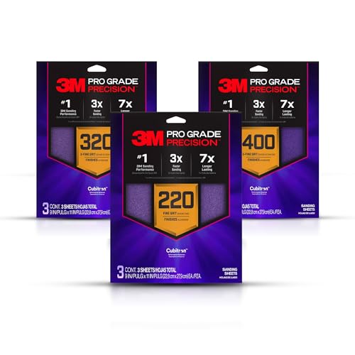 3M Pro Grade Precision sanding sheets with no-slip grip backing, assorted 220, 320, and 400 grits, 9 x 11 inches