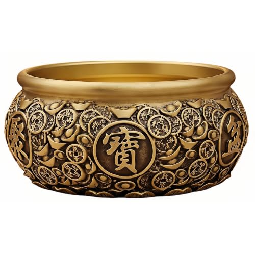 Solid Brass Feng Shui Money & Wealth Bowl, Coins & Ingots, 431g 10.9cm