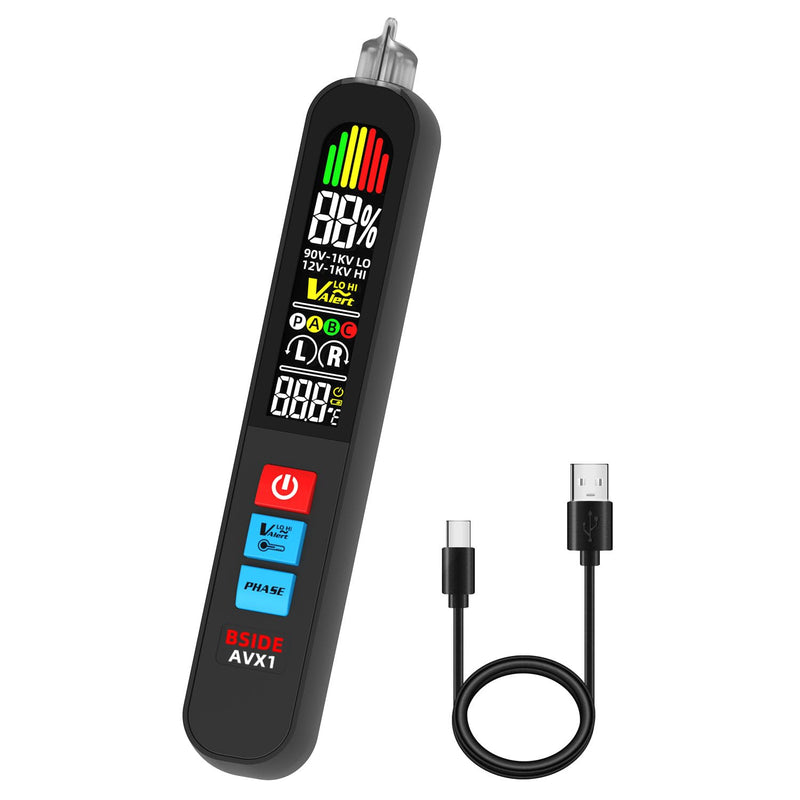 [Australia - AusPower] - BSIDE Voltage Tester, Non-Contact with 3-Phase Rotation Indicator & Signal Percentage, Rechargeable AC Electrical Voltage Detector Pen, High/Low Sensitivity with 6 Ranges, 3-Mode Alarm with Analog Bar 