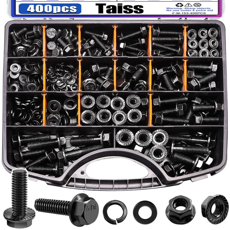 [Australia - AusPower] - Taiss 400PCS Metric Flange Bolt Assortment kit,M6x1.0 Bolt, M8x1.25 Bolt, M10x1.5 Bolt (12mm to 45mm) 10.9 Black zinc Plating Hex Bolts+30 Sets 1/4-20 x 3/4" Furniture Screw Nut Threaded Inserts 