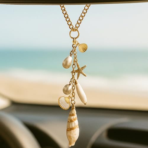 Beach Themed Seashell Hanging Decor, TWPER Boho Gold Keychain Charm for Car Mirror Bag Home, Cute Coastal Gifts for Women