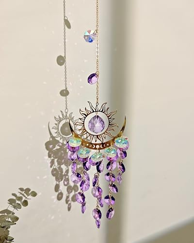 Prism Window Suncatcher Hanging Indoor Celestial Crystal Moon and Sun Catchers Rainbow Maker Purple