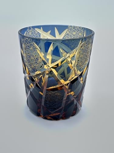 Whiskey Glass 9 oz Blue & Brown Hand-Cut Glass Tumbler, Edo Style