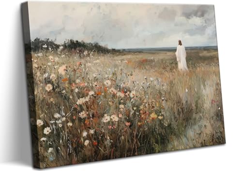KYHDCJUB Jesus Canvas Wall Art Christian Wildflowers Painting Jesus Leaves the 99 Sheep Wall Art Christian Prints Wall Decor Religious Pictures Artwork for Living Room Bedroom Office Church 12x16 In Jesus Wildflowers 16"L x 12"W