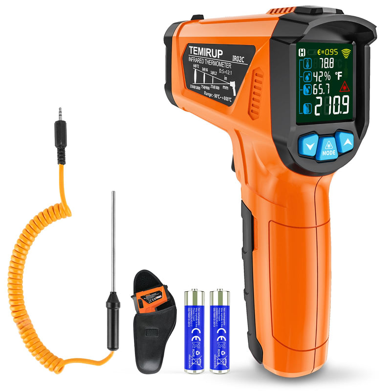 [Australia - AusPower] - Infrared Thermometer Gun, TEMIRUP Digital Laser Temperature Gun, -58°F to 1472°F, Non Contact IR Temp Gun with Color LCD for Industrial, Cooking, Griddle, Engine, HVAC,Adjustable Emissivity & Humidity Orange -58°F to 1472°F(-50~800°C) 