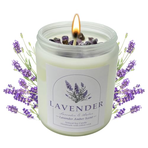 Lavender Amber Scented Candles with Crystals Inside, 9oz Soy Candles for Home Decor, Birthday Spiritual Gift Mothers Day Candle for Women Mom Lavender Amber