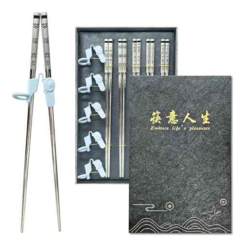 Premium 316 Medical Grade Stainless Steel Chopsticks 5 Pairs And Set with 5 Chopstick Helpers,Metal, Training For kids and Adults，Luxury Gift Box with Gold Design