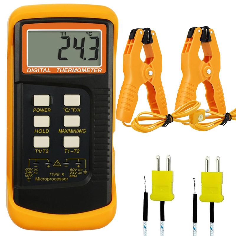 [Australia - AusPower] - K Type Thermocouple Thermometer Dual Channels Thermocouple Tester (-58~2372°F) High Accuracy Temperature Kelvin Scale Meter with 2X Temperature Clamp & 2X Pipe Thermocouple Probes K Type Thermocouple Thermometer 