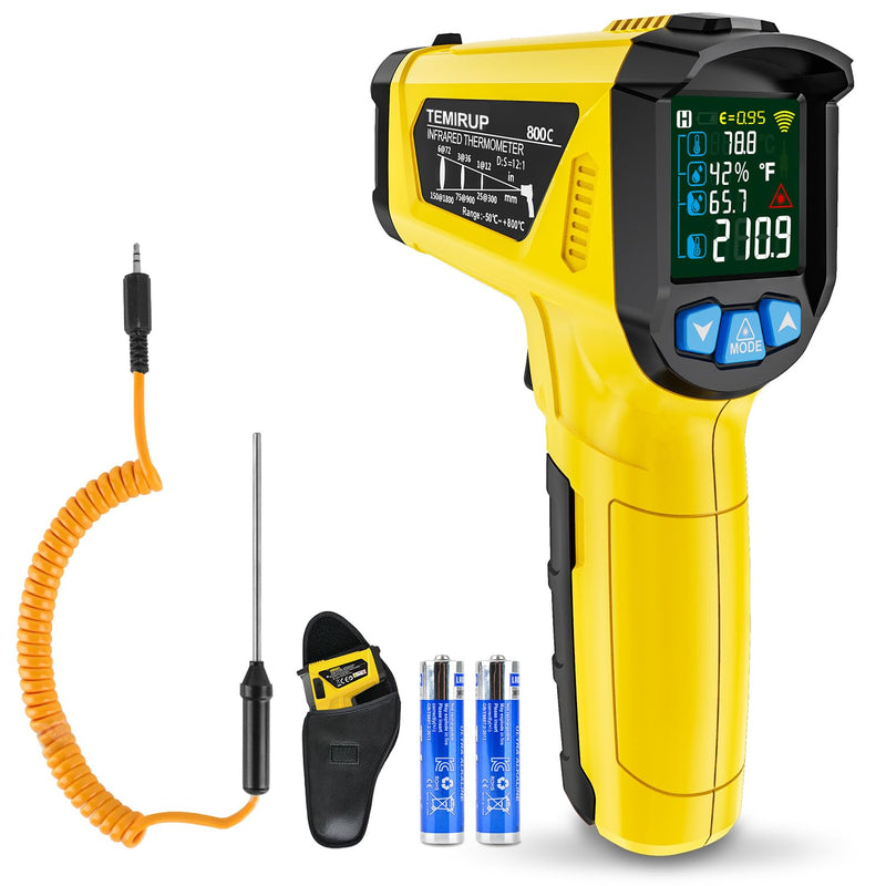 [Australia - AusPower] - Infrared Thermometer Temperature Gun,-58°F to 1472°F Non Contact Digital IR Laser Thermometer Temp Gun with Probe & Humidity Measurement for Cooking,Griddle,Engine,HVAC,Adjustable Emissivity Yellow-58°F to 1472°F(-50~800°C) 
