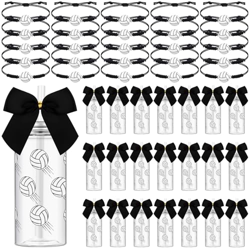 Skylety 20 Set Volleyball Party Favors 20 Pcs 13.5 oz Plastic Reusable Tumbler Cups with Lid and Straw 20 Pcs Bracelets for Volleyball Team Gifts Birthday School Sports Party Reward Gifts(Black) Black