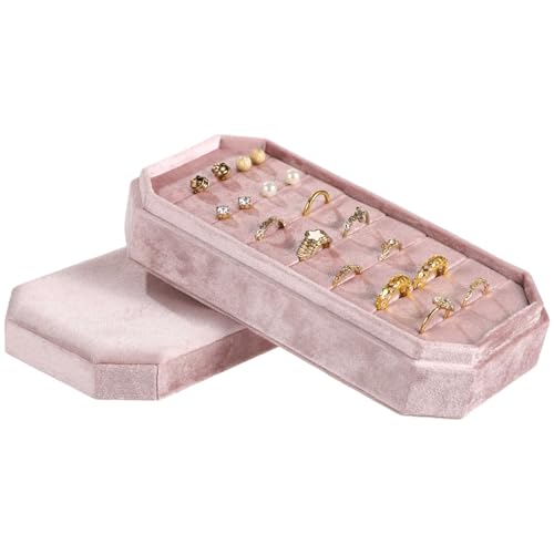 OMISTAR Velvet Ring Box Organizer, 7 Slots Ring Jewelry Display Case, Pink Velvet Ring Holder with Lid, 8.2 x 4.1 in Jewelry Storage Tray for Ear Studs and Rings