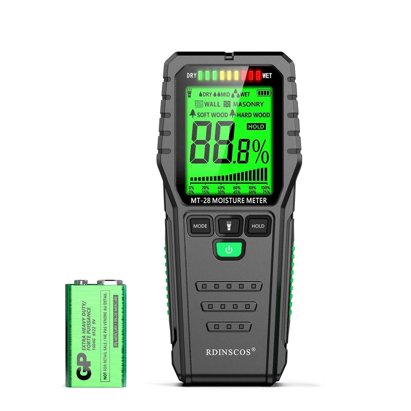 RDINSCOS Pinless Moisture Meter for Wall, Wood & Masonry – Non-Invasive Digital Moisture Detector with 19mm Depth, Flashlight, LCD Display – Ideal for Leak Detection & Water Damage MT28