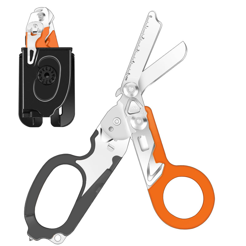 LEEPENK 6 In 1 Multi-function Foldable Emergency Response Shears With Strap Cutter and Glass Breaker, Outdoor Camping Emergency Scissors Tools With Holster ，Black-Orange Trauma Shears Black-orange