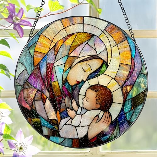 Baby Jesus and The Holy Mother Mary Sun Catcher, 8 Inch Stained Glass Window Hanging, Stained Glass Decor, Christian Home Decor, Christian Gifts for Women, Religious Gifts for Women Virgin Mary