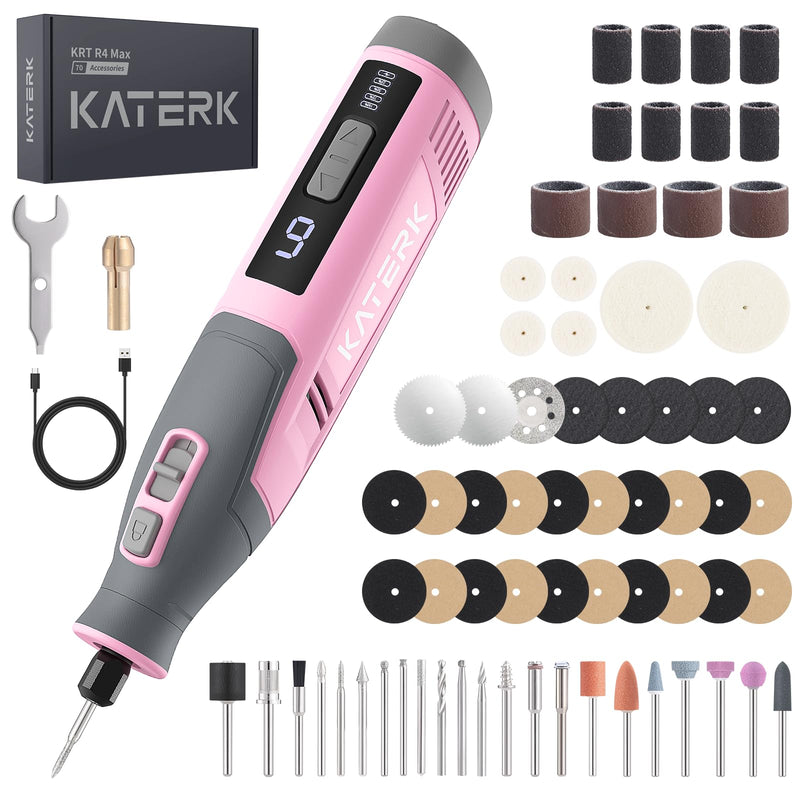 Katerk Cordless Rotary Tool, 4000mAh Battery, 6-Speed, 28000RPM, Rotary Tool Kit with 70 Accessories Light duty Engraving Pen for Sanding, Polishing, Drilling, Etching, Grinding, Wood Carving Pink