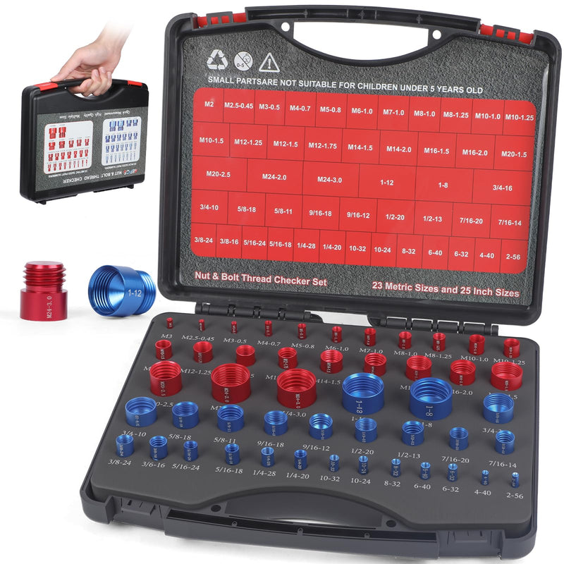 [Australia - AusPower] - 48Pcs Nut and Bolt Thread Checker Kit (25 Standard & 23 Metric), Detachable Bolt Size for Narrow and Tricky Spaces with Sturdy Case ScrewThread Gauge 