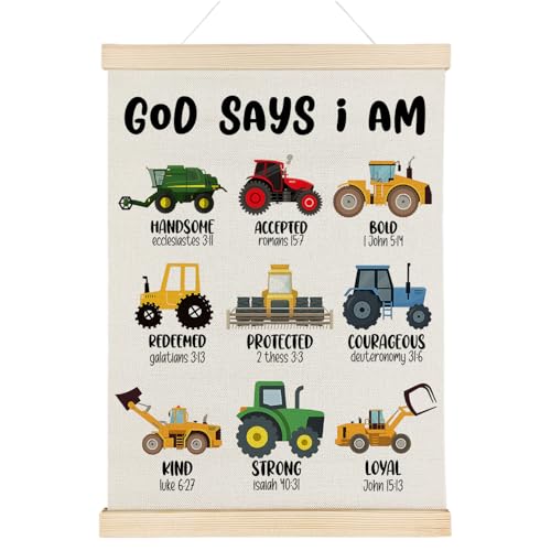 Nrleey Construction Bible Verses Wall Decor with Wooden Poster Hanger - Construction Room Decor for Boys, God Says I Am Christian Wall Art Posters for Little Boys Room Playroom Nursery, 12x16 Inch 16"L x 12"W Christian Coquette- 13