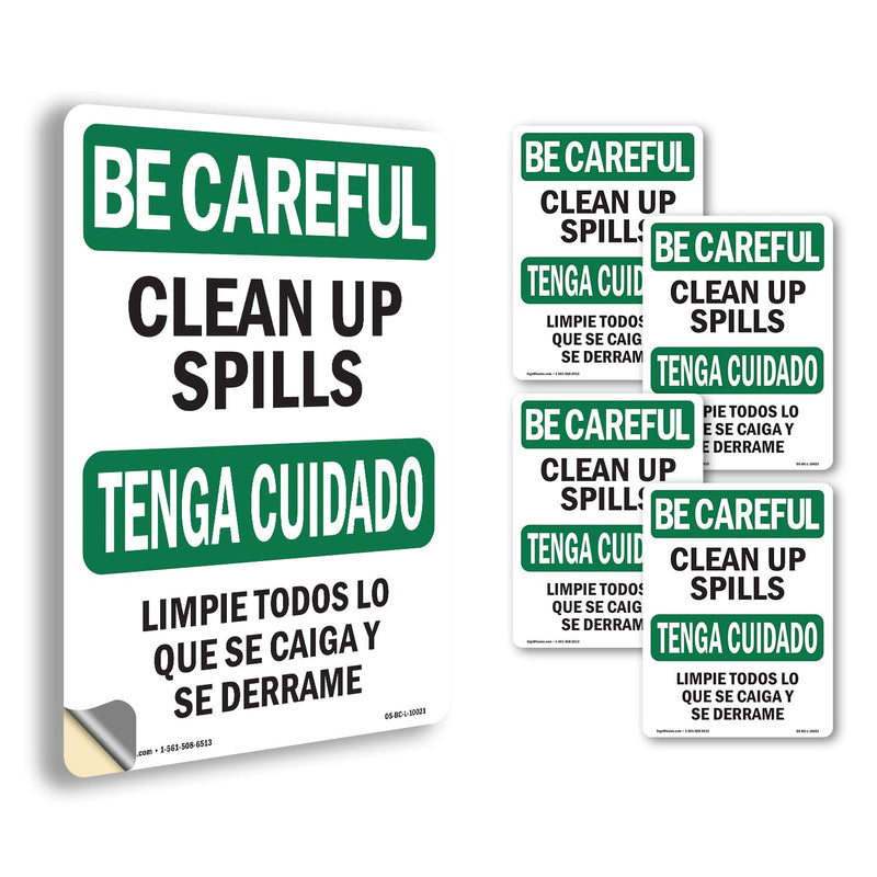 Clean Up Spills Bilingual OSHA Be Careful Vinyl Decal Label 18 Inch x 12 Inch - 5 Pack 5 Pack of 18" x 12"