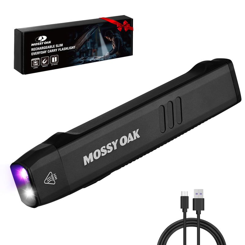 [Australia - AusPower] - Mossy Oak Rechargeable EDC Flat Flashlight 1200 Lumens, Pocket Work Light with Magnetic Base, UV & White Light Combo, Waterproof LED Inspection Light for Work, Outdoor Use and Emergencies - Black 
