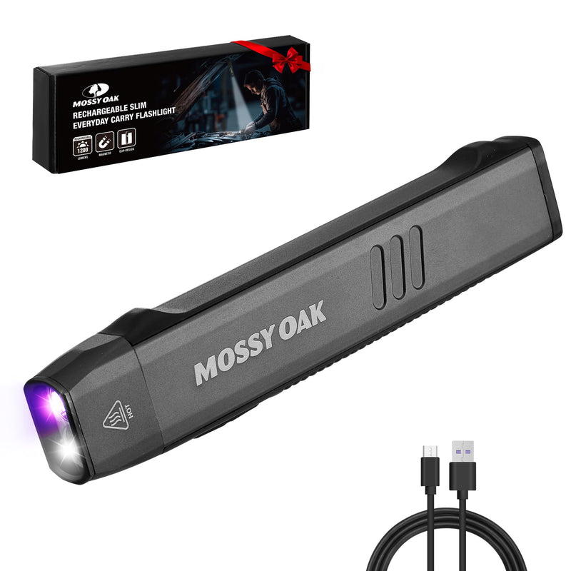 [Australia - AusPower] - Mossy Oak Rechargeable EDC Flat Flashlight 1200 Lumens, Pocket Work Light with Magnetic Base, UV & White Light Combo, Waterproof LED Inspection Light for Work, Outdoor Use and Emergencies - Gray 