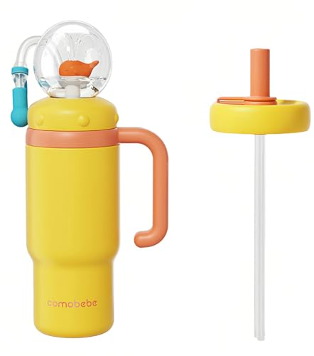 24oz Whale Fountain Tumbler Water Bottle | Leakproof Sippy Cups for Adults and Kids | Stainless Steel Insulated Cup with Weighted Straw & 2 Lids Yellow