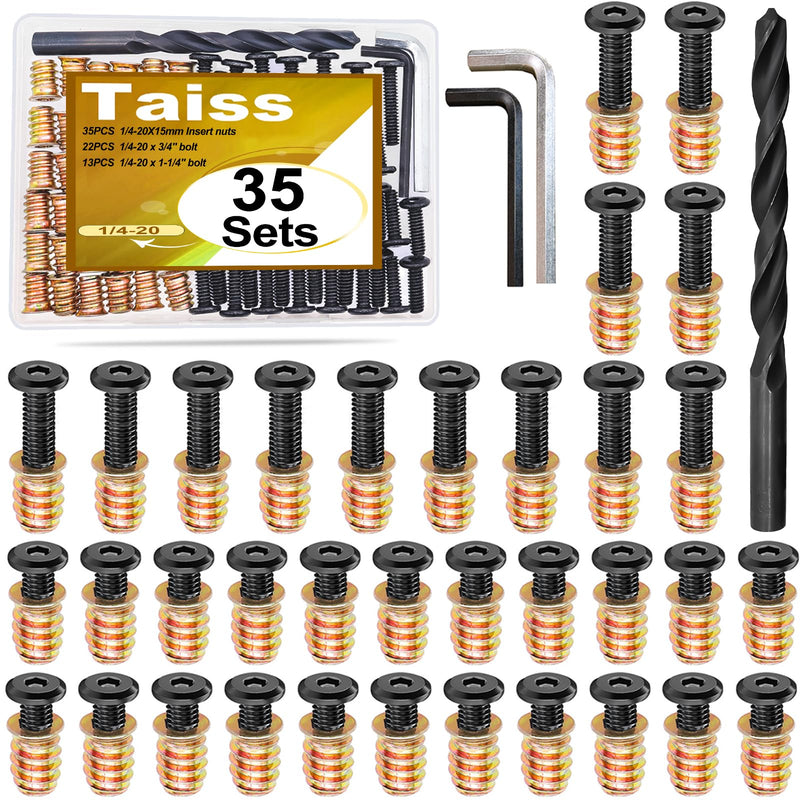 [Australia - AusPower] - Taiss 35PCS 1/4"-20x15mm Threaded Inserts for Wood +22PCS 1/4-20 x 3/4" Bolt +13PCS 1/4-20 x 1-1/4" Bolt,Furniture Screw,Hex Socket Drive Nut Threaded Wood Inserts with 9mm Drill bit & hex Wrench Black 1/4-20x3/4"+1/4-20x1-1/4" 