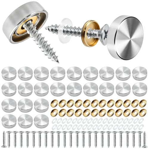 24 Pcs 5/8 Inch (16mm) Stainless Steel Screw Cover Caps with Screws & Rubber Pads – Decorative Mirror Hardware for Bathroom, Kitchen, Furniture 16mm