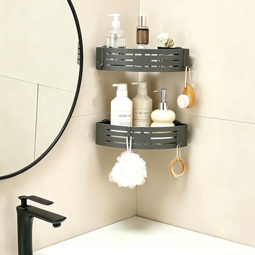 Corner Shower Caddy with Hooks, Zynuhmo Suction Shower Storage Rack With Large Capacity, No Drilling Rust Proof Aluminum Shower Shelves Organizer with Towel Bar for Bathroom Inside Shower(2Pack, Gray) Triangle