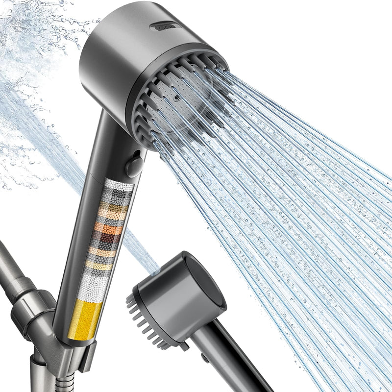 Cobbe Filtered Shower Head with Handheld, High Pressure 5-mode Showerhead with Filters, Built-in Power Wash for Hard Water - Remove Chlorine - Reduces Dry Itchy Skin, Gray Flow Rate 1.8 GPM
