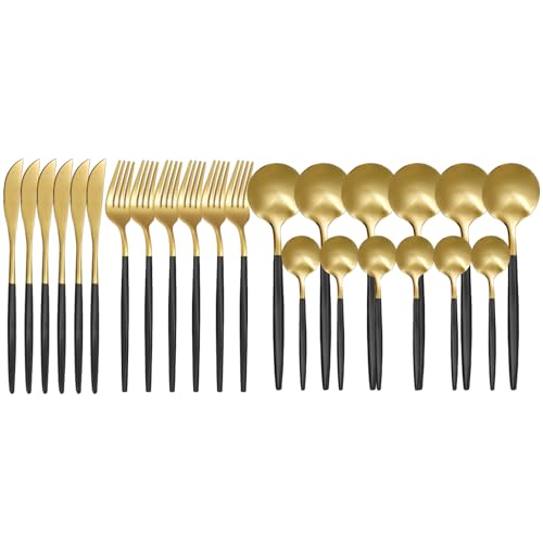 24-Piece Black Golden Flatware Set, Gold Silverware Set for 6, 18/0 Stainless Steel Knife Fork Spoon Teaspoon Silverware Set (Black Golden)
